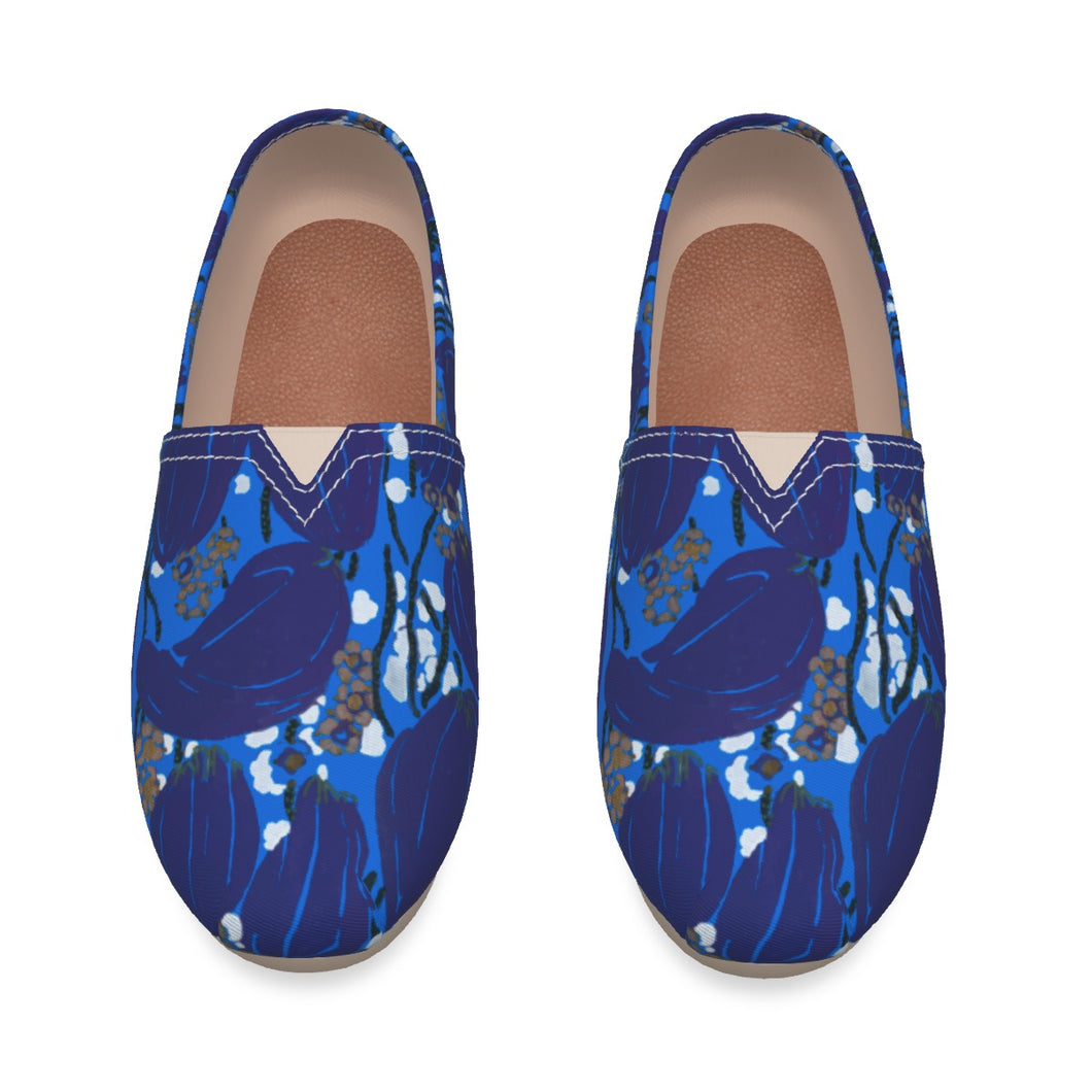 Dark Blue Abstract Flowers Women's Canvas Fisherman Shoes