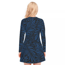 Load image into Gallery viewer, Ferns and Flowers in Dark Blue Women&#39;s V-neck Long Sleeve Dress
