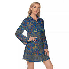 Load image into Gallery viewer, Greek Key and Floral Owl in Dark Blue Women&#39;s Lapel Shirt Dress With Long Sleeve
