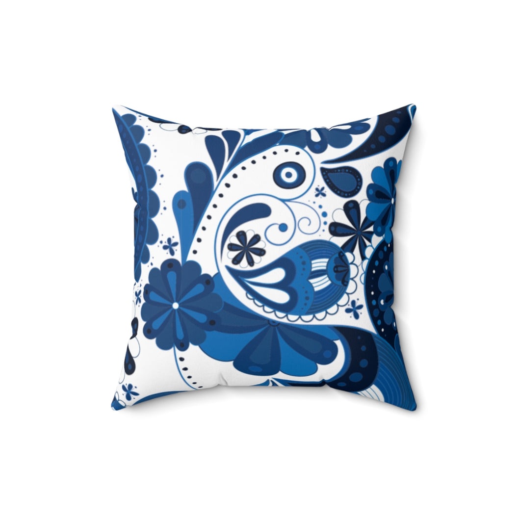 Blue and White Spun Polyester Square Pillow