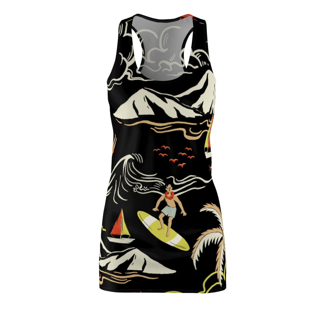 Surf's Up Print Women's  Racerback Dress In Black