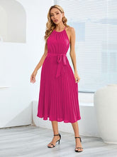 Load image into Gallery viewer, Pleated Spaghetti Strap Tie Waist Midi Dress
