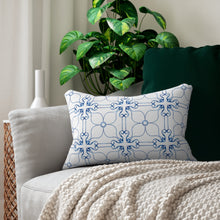 Load image into Gallery viewer, Blue and White Cross and Flower Lumbar Pillow
