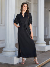 Load image into Gallery viewer, High Slit Roll-tab Sleeve Notched Neck Maxi Dress
