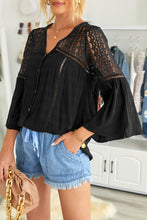 Load image into Gallery viewer, Black Spliced Lace Buttoned V-Neck Blouse
