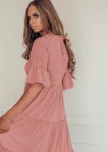 Load image into Gallery viewer, Round Neck Solid Color Smocked A-line Tiered-layered Dress
