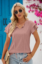 Load image into Gallery viewer, Eyelet Tie-Neck Flutter Sleeve Blouse
