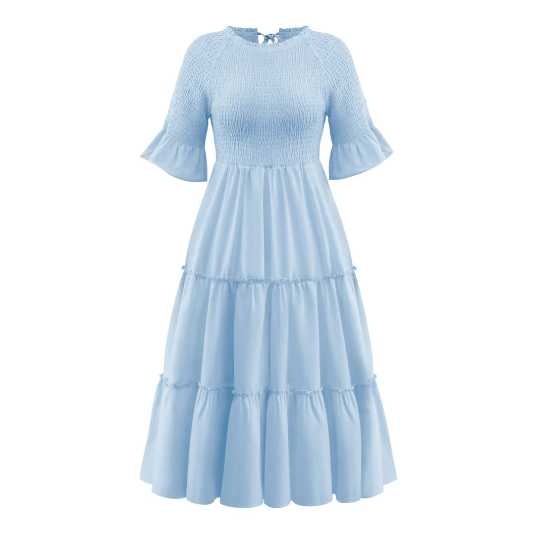 Round Neck Solid Color Smocked A-line Tiered-layered Dress