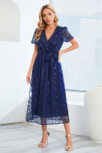 Load image into Gallery viewer, Sequin Leaf Embroidery Tie Front Short Sleeve Dress
