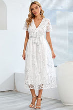 Load image into Gallery viewer, Sequin Leaf Embroidery Tie Front Short Sleeve Dress
