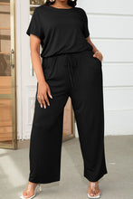 Load image into Gallery viewer, Black Plus Size Drawstring Waist Short Sleeve Jumpsuit
