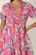 Load image into Gallery viewer, Multicolored Tie Neck Short Sleeve Tiered Dress
