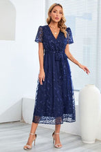 Load image into Gallery viewer, Sequin Leaf Embroidery Tie Front Short Sleeve Dress
