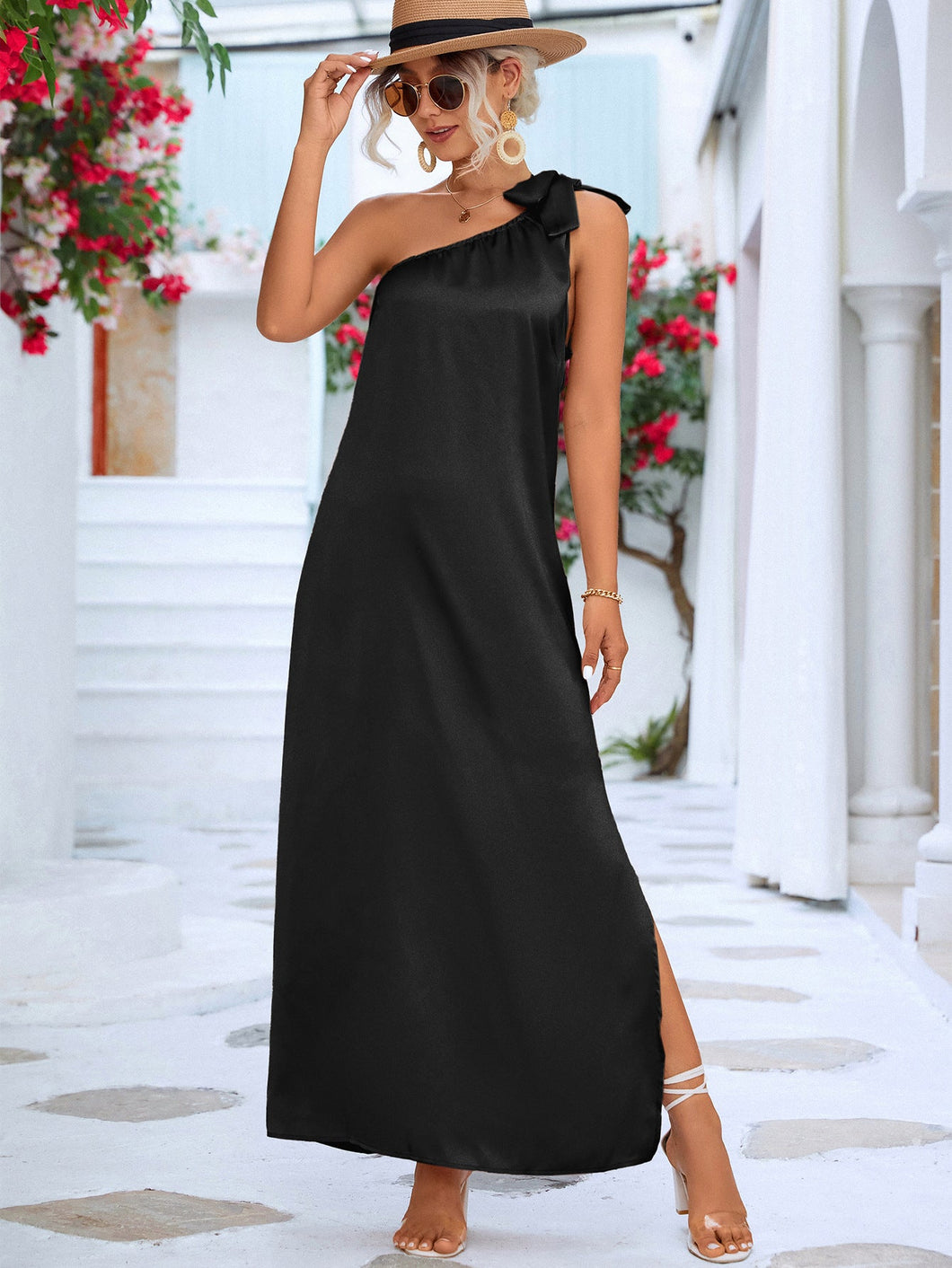 Black One-Shoulder Slit Maxi Dress