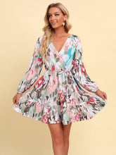 Load image into Gallery viewer, Full Size Printed Tie-Waist Puff Sleeve Surplice Dress
