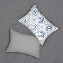 Load image into Gallery viewer, Blue and White Cross and Flower Lumbar Pillow
