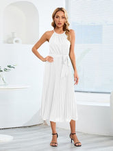 Load image into Gallery viewer, Pleated Spaghetti Strap Tie Waist Midi Dress
