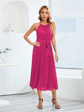 Load image into Gallery viewer, Pleated Spaghetti Strap Tie Waist Midi Dress
