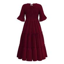 Load image into Gallery viewer, Round Neck Solid Color Smocked A-line Tiered-layered Dress
