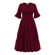 Load image into Gallery viewer, Round Neck Solid Color Smocked A-line Tiered-layered Dress
