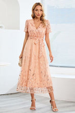 Load image into Gallery viewer, Sequin Leaf Embroidery Tie Front Short Sleeve Dress
