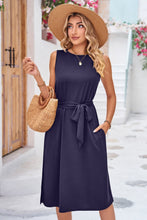 Load image into Gallery viewer, Round Neck Tie Belt Sleeveless Dress with Pockets
