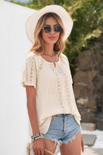 Load image into Gallery viewer, Crochet Eyelet Buttoned Short Sleeves Top
