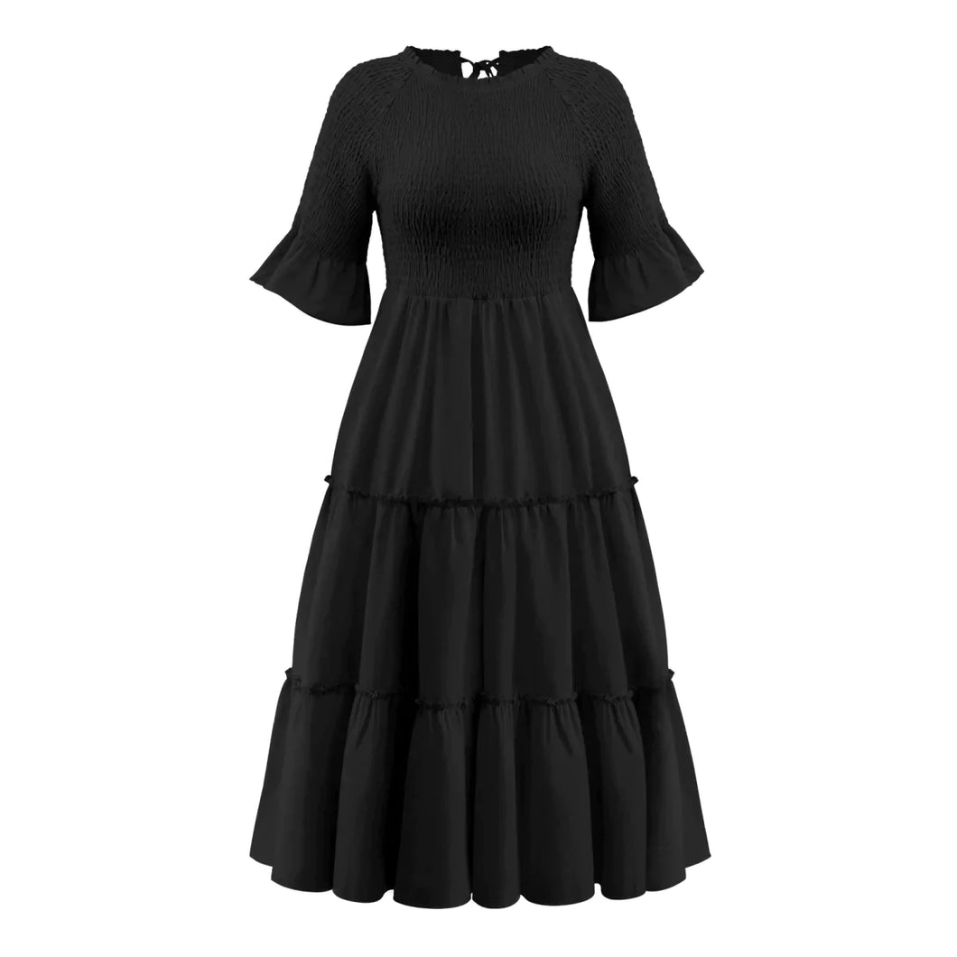 Black Round Neck Solid Color Smocked A-line Tiered-layered Dress