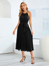 Load image into Gallery viewer, Pleated Spaghetti Strap Tie Waist Midi Dress
