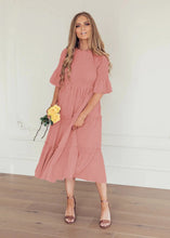 Load image into Gallery viewer, Round Neck Solid Color Smocked A-line Tiered-layered Dress
