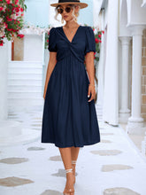 Load image into Gallery viewer, Twisted Short Puff Sleeve V-Neck Dress
