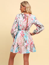 Load image into Gallery viewer, Full Size Printed Tie-Waist Puff Sleeve Surplice Dress
