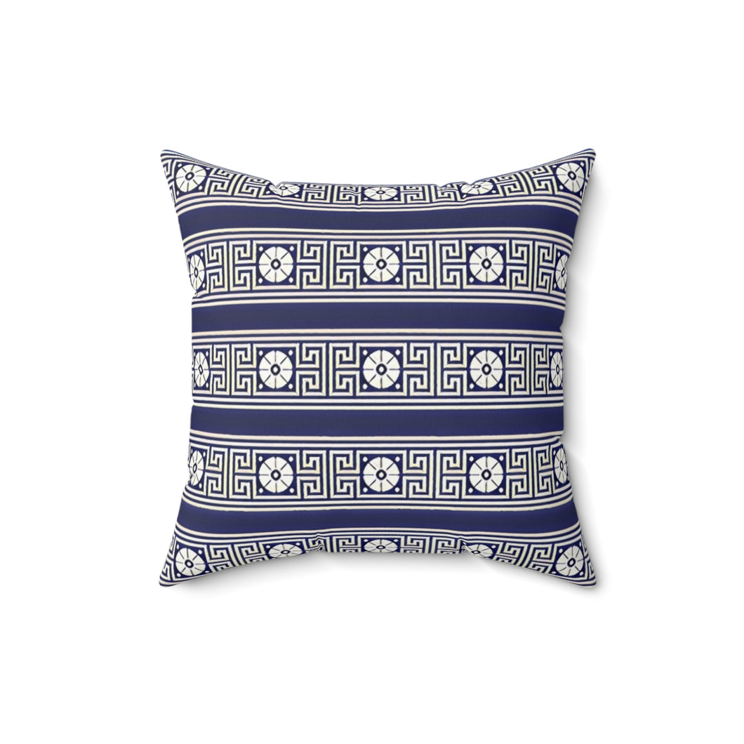 Dark Blue Greek Key and Flower Square Pillow