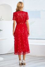 Load image into Gallery viewer, Sequin Leaf Embroidery Tie Front Short Sleeve Dress
