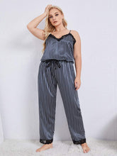 Load image into Gallery viewer, Plus Size Vertical Stripe Lace Trim Cami and Pants Pajama Set
