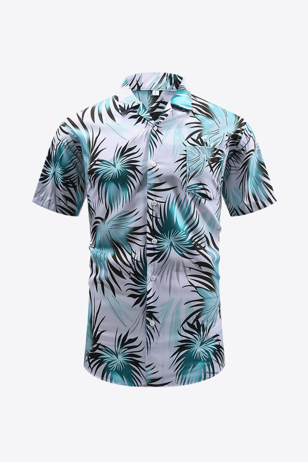 White and Aqua Botanical Print Button-Front Short Sleeve Pocket Shirt