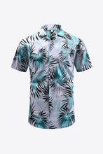 Load image into Gallery viewer, White and Aqua Botanical Print Button-Front Short Sleeve Pocket Shirt
