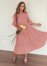 Load image into Gallery viewer, Round Neck Solid Color Smocked A-line Tiered-layered Dress
