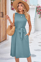 Load image into Gallery viewer, Round Neck Tie Belt Sleeveless Dress with Pockets
