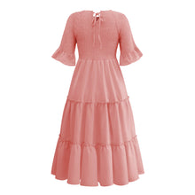 Load image into Gallery viewer, Round Neck Solid Color Smocked A-line Tiered-layered Dress
