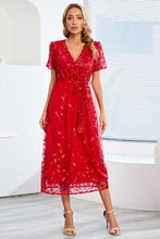 Load image into Gallery viewer, Sequin Leaf Embroidery Tie Front Short Sleeve Dress
