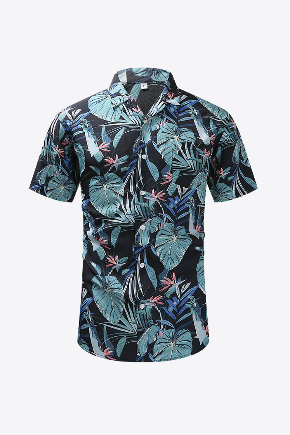 Turquoise Botanical Print Button-Front Short Sleeve Pocket Shirt