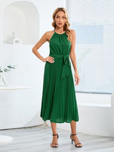 Load image into Gallery viewer, Pleated Spaghetti Strap Tie Waist Midi Dress
