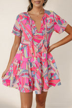 Load image into Gallery viewer, Multicolored Tie Neck Short Sleeve Tiered Dress
