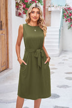 Load image into Gallery viewer, Round Neck Tie Belt Sleeveless Dress with Pockets
