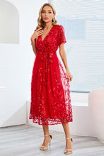 Load image into Gallery viewer, Sequin Leaf Embroidery Tie Front Short Sleeve Dress
