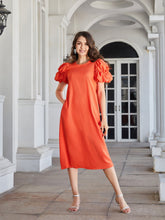 Load image into Gallery viewer, Round Neck Bubble Sleeve Straight Hem Midi Dress
