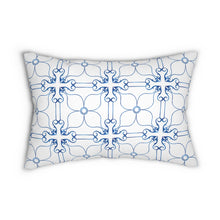 Load image into Gallery viewer, Blue and White Cross and Flower Lumbar Pillow
