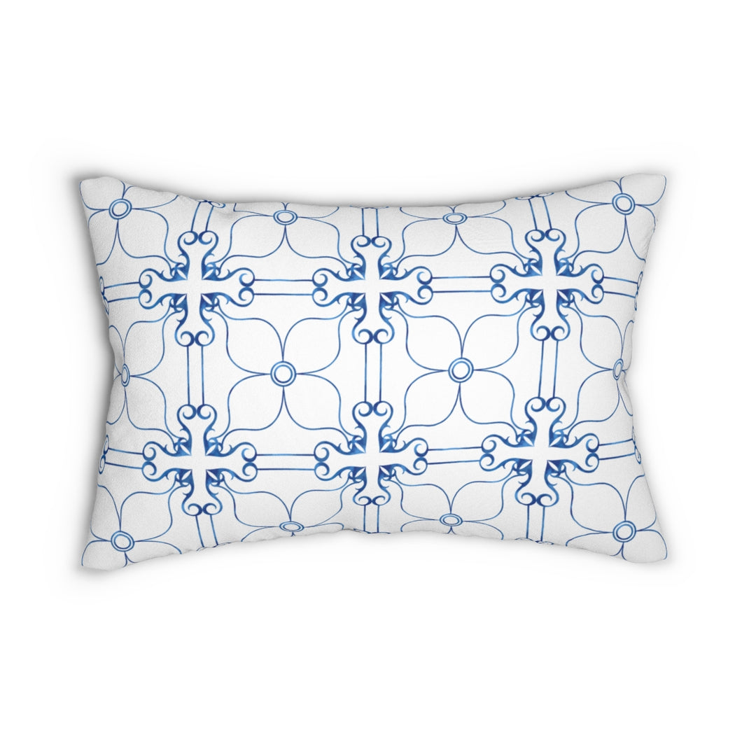 Blue and White Cross and Flower Lumbar Pillow