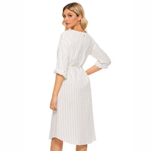 Load image into Gallery viewer, Pinstripe Tie Waist Round Neck Dress
